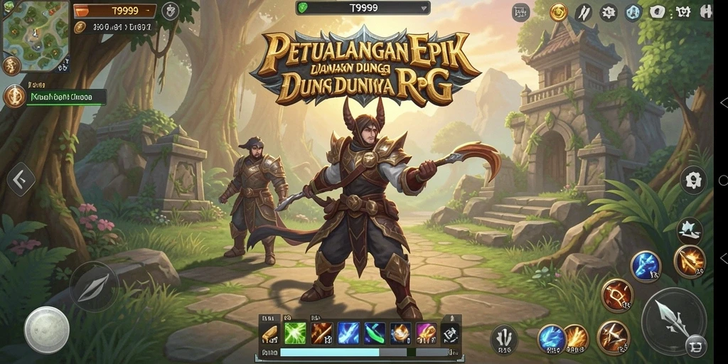 Tangkapan layar utama T9999 menampilkan aksi pertarungan yang seru dalam dunia RPG.